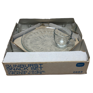 Indiana Glass Sunburst Snack Set Clear Crystal 4 Plates 4 Cups Vintage Hostess